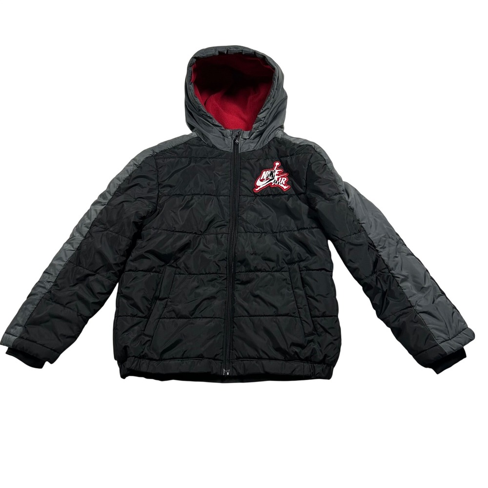 Jordan Puffer Jacket Kids Size M 10-12 Black Grey Red Hooded Fleece Lined Coat
